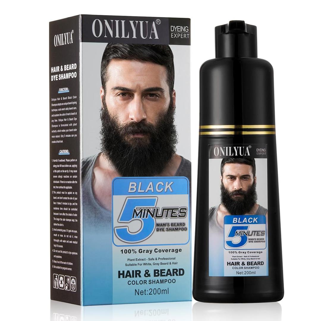 Men's Beard Dye for Men in 5 Minutes, Black Beard Dye Shampoo for Mustache 100% Gray Coverage, Root Touch Up, 3 in 1 Simpler Hair Color for Men, Long Lasting Color Shampoo for Facial Hair, 200 ml