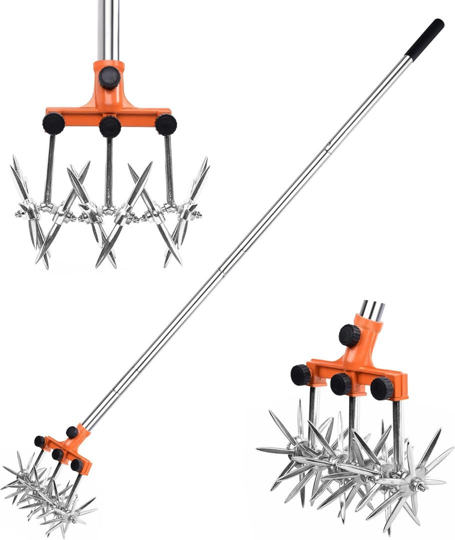 Rotary Cultivator Garden Rotary Tiller Adjustable Stainless Steel Poles Hand Tiller for Soil Mixing or Reseeding Grass Lawn Tiller Total Length 57 Inch (Orange)