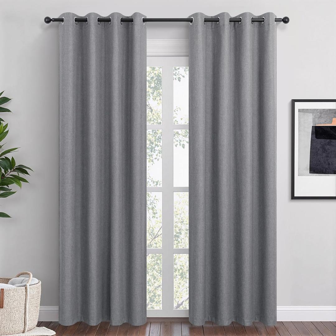 Dark Grey Linen Blackout Curtains 84 Inch Length 2 Panels Set for Bedroom Living Room Grommet 100% Black Out Linen Drapes Room Darkening Window Curtains 84 Inches Long Dark Gray