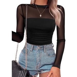 SAUNGKUAI Women's Mesh Long Sleeve Bodysuit Mock Neck Ruched Sheer Thong Body Suits Fall Outfits (Black) Small