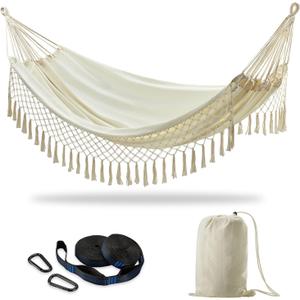 CHULIM Brazilian Double Hammock with Tree Straps,Extra Large 94x63IN,2 Persons Hammock for Backyard Patio Outdoor Indoor,450lbs Weight Capacity,Soft Woven Cotton Fabric - Natrual White with Tassels