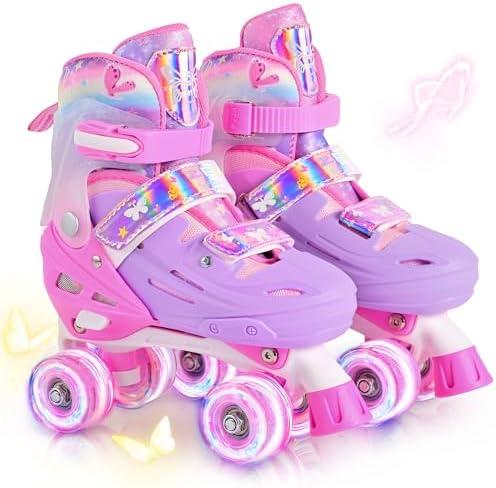 2PM SPORTS Roller Skates for Girls Boys Kids Age 4-6 5-8 6-12 8-12 with Light Up Wheels, Adjustable Youth Roller Skates, Size 32-36
