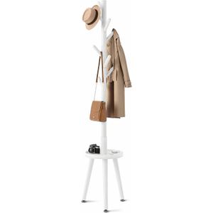 GREENSTELL Coat Rack with 8 Hooks, Wooden Coat Rack Freestanding with Shelf, Coat Tree with 4 Height Options 50.5"-72.6", Coat Hanger Stand for Bags, Clothes, Umbrellas, Hats, in Home, White