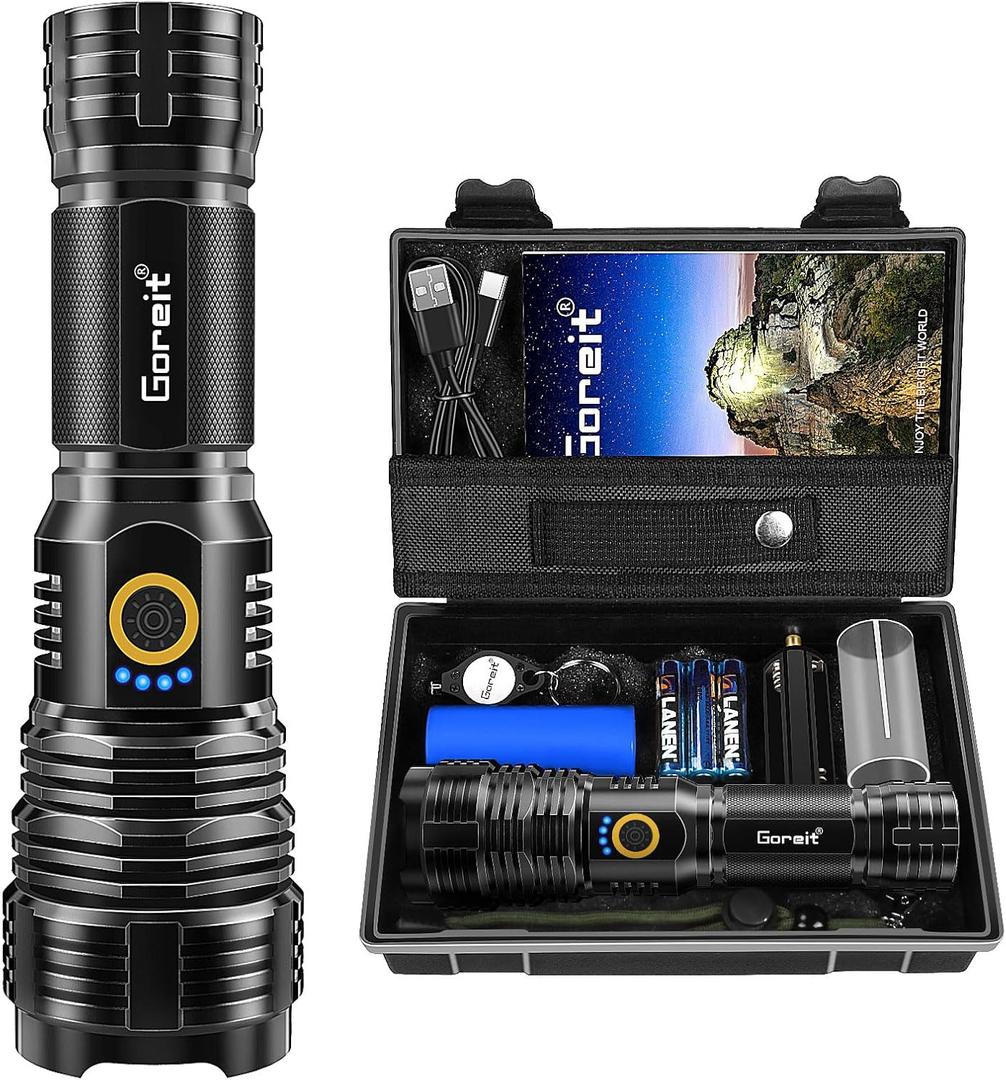 Goreit Flashlights LED High Lumens Rechargeable, 2000 Lumens XHP70.2 Super Bright Flashlight, Flash Light Battery Powered, Powerful Handheld Flashlight with Holster for Emergency Camping Hiking Gift (Black)