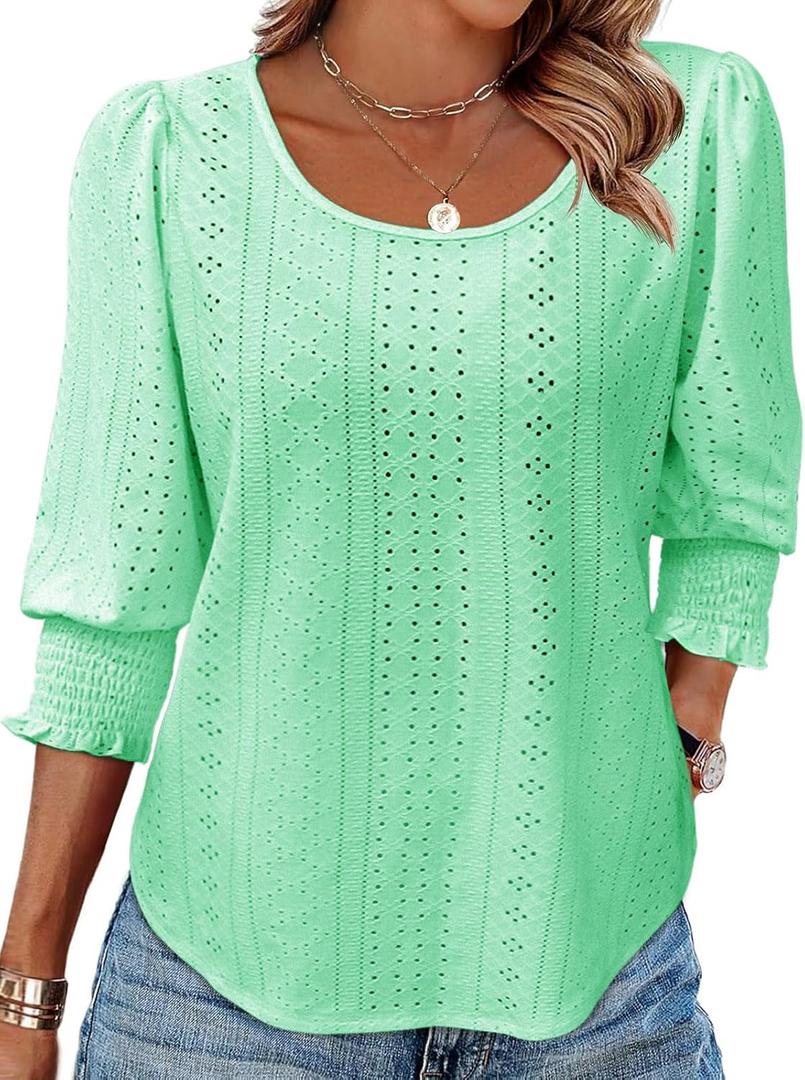 Tankaneo Womens 3/4 Length Sleeve Ladies Tops and Blouses Casual Eyelet Top Crewneck Dressy Shirts with Smocked Cuffs 2025 (Green, M)