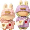 2 x (2 Pack) Clothes for LABUBU 17cm Doll, 6-Piece Handcrafted Crochet Accessories for LABUBU, Premium Outfits for LABUBU Unique Dress up - Heart Sweater + Hat + Bag (Pink & Purple)