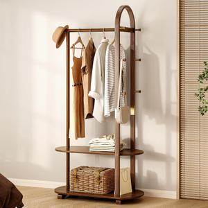 31.5" Wide 3-in-1 Freestanding Clothing Rack,Wooden Coat Rack with 2 Shelves and 6 Hooks,Solid Rubber Wood Coat Rack with Shelves for Entryway, Bedroom, Living Room, Walnut