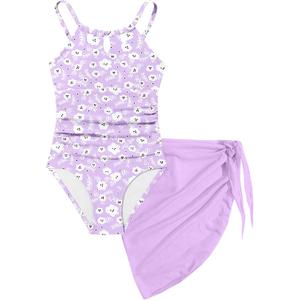 KANGKANG Girls Swimsuit Quick Dry Cut Out One Piece Swimsuits with Tropical Print Cover Up Skirt Bathing Suit Swimwear 7-18Y (9-10 Years, Light Lavender Floral)