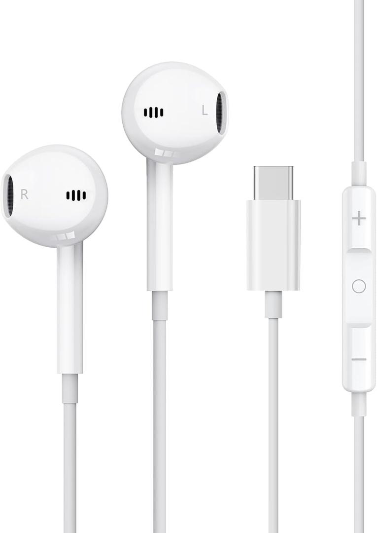Wired Earbuds USB C Headphones for iPhone 17 16 15, Ear Buds with Microphone[ Clear Calls ] HiFi Volume Contorl Ear Buds for iPhone/Galsxy/iOS/Android/Switch/iPad/Kindle, for School Travel 2 Pack (White)