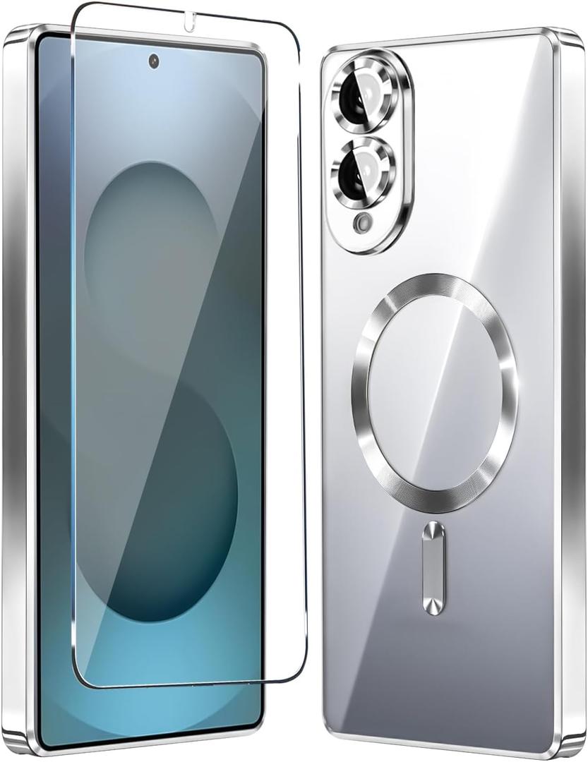 Magnetic Glossy Case for Samsung Galaxy S25 Edge,S25 Edge Phone Case Slim Clear Luxury with Screen Protector & Camera Protector [Compatible with MagSafe], Shockproof Cover for Samsung S 25 Edge-Silver