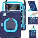 BRAECN for iPad Pro 11 Inch Case (M5/M4) 2025/2024, Shockproof Silicone Cover with Built-in Screen Protector, Multiple Adjustable Viewing Angles, Shoulder Strap, Handle Grip, Pencil Holder, Navy 