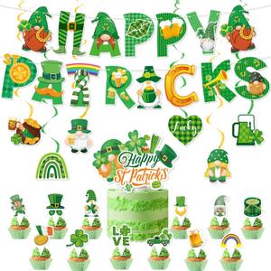 Happy St. Patrick's Day Banner Set, Lucky Clover Irish Supplies Lucky Hanging Swirls and Cupcake Toppers, St Patricks Day Decorations for Home Classroom Party