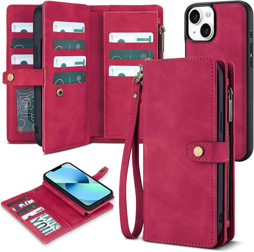 TwoHead Designed for iPhone 13 Wallet Case with Card Holder,Detachable Magnetic Phone Case with Wallet PU Leather Wallet Phone Case for iPhone 13 Case Wallet for Women/Men with Wrist Strap(Wine Red)