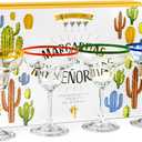 10 oz Margarita Cocktail Glasses + Colorful Party Rims | Set of 4 | Classic Frozen Drinks Stemware + Fun Cactus Gift Box | Thick Stem, Heavy Duty, Clear Hand Blown Glassware Drinking Set
