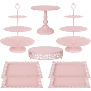 Fivenl 8 Pcs Cake Stand Pink Metal Dessert Table Display Set, 3Tier Cupcake Stand, Cake Display Tower and Cookie Tray Rack Serving Tray for Birthday Party, Weddings, Baby Shower (Pink)