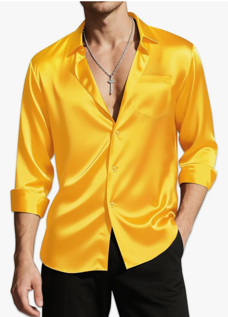 DiBanGu Mens Long Sleeve Button Down Shirt,Satin Shiny Dress Shirt for Men Solid Regular Fit Shirts with Pocket Wedding Party Size L