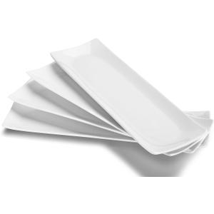 DOWAN 14" Sushi Plate Set of 4 - Long Rectangle Plates and Cracker Trays for Serving - White Ceramic Platters for Party and Entertaining - Dishwasher & Oven Safe