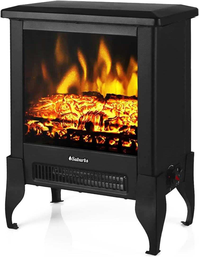 TURBRO Suburbs TS17 Compact Electric Fireplace Stove, 18 Freestanding Stove Heater with Realistic Flame - CSA Certified - Overheating Safety Protection - for Small Spaces - 1400W (Black)