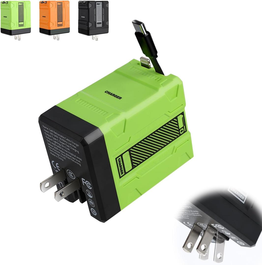 2-in-1 Compatible with 120w Fast Charger, 2025 New Retractable Wall Fasts Charging Power Adapter with All in One Foldable Plug, Multi-Functional Fast Smart Charger for Phone, Tablet, Laptops (Green)