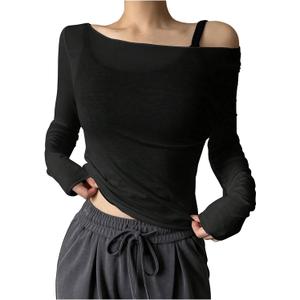QJQ Women's Sheer Mesh Off The Shoulder Tops Long Sleeve See Through Shirts Going Out Party Club Outfits (Black, XXL)