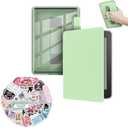 HGGWZWIF Case for Kindle Paperwhite 12th Generación 2024 7" & Kindle Colorsoft Signature Edition 7", with Stickers, PU Cover + TPU Hard Clear Back with Hand Strap, Auto Sleep/Wake, Matcha-Green