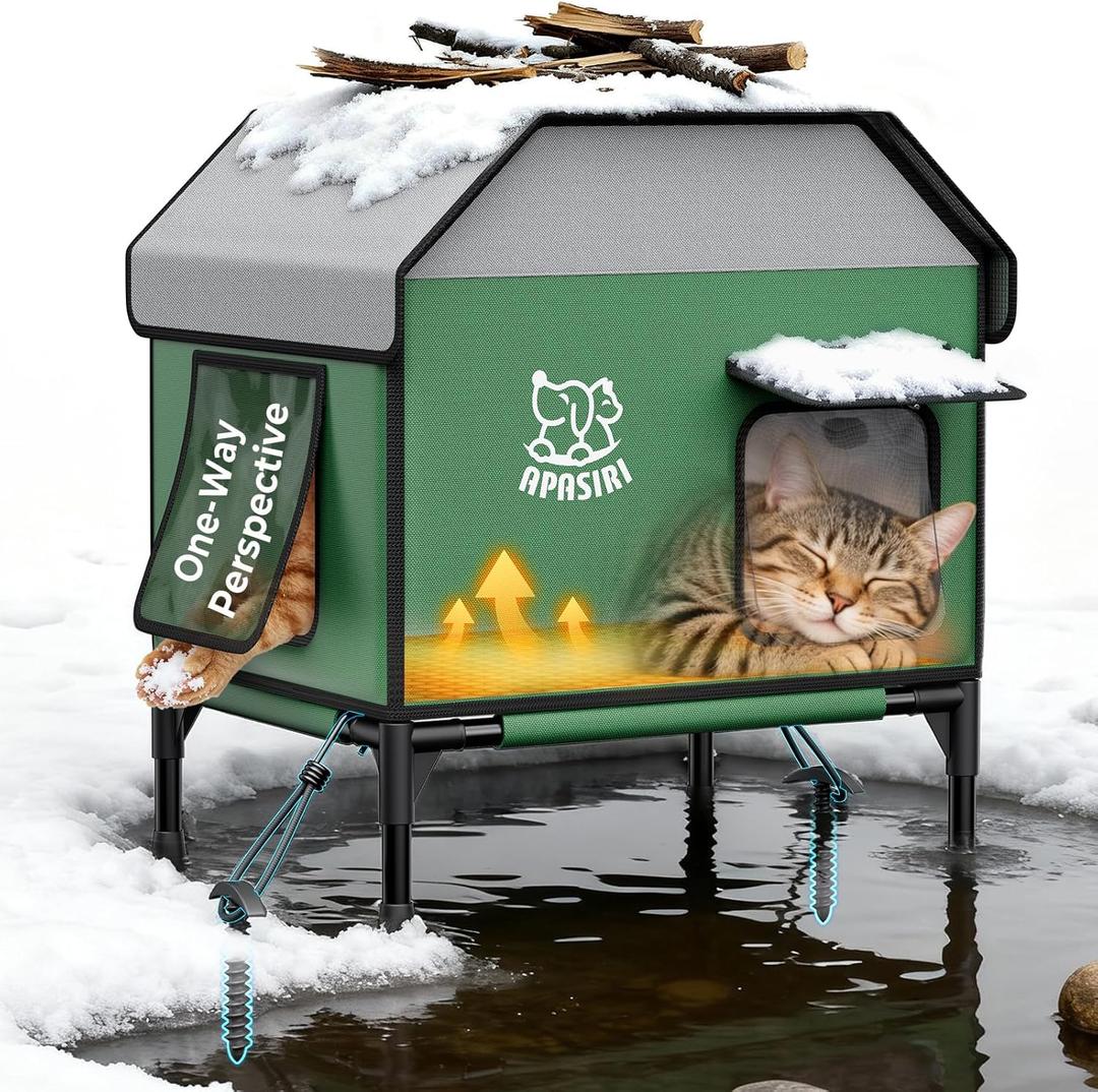 Apasiri Heated Outdoor Cat House for Winter: Insulated with Heating Pad, Indestructible Weatherproof Winter Shelter, Elevated Support to Keep Interior Dry for Stray Cats, Small (S(15.8"x14"x15"))