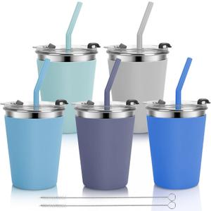 Kids Cups with Straws and Lids, 5 Pack 12oz Spill Proof Toddlers Straw Cup with Lid, Stainless Steel Kid Cups with Lid for School, Outdoor, Multicolor (Dark Gray, Gray, Dark Blue, Blue, Green)
