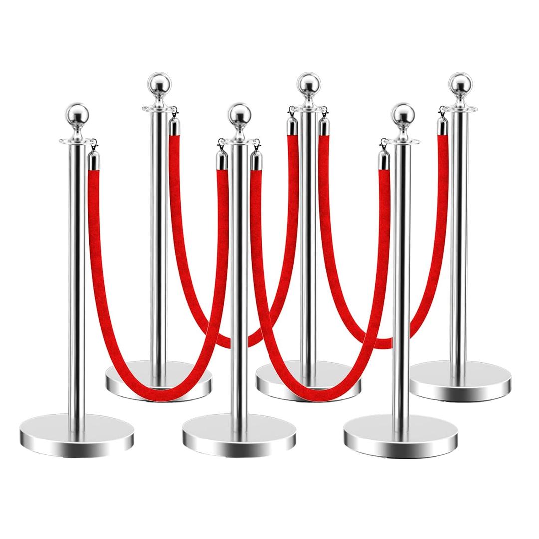 LOVMOR Stainless Steel Stanchion Post, Stanchions with Red Rope, Hollow Base and Velvet Ropes Safety Barriers Set, Carpet Runner for Party (6pack-Silver)