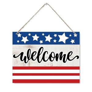 Patriotic Welcome Sign, American 4th of July Wooden Sign, USA Independence Day Wall Hanging Signs Decorations for Front Door, Porch, Home Indoor 7.9 x 10.2 Inches