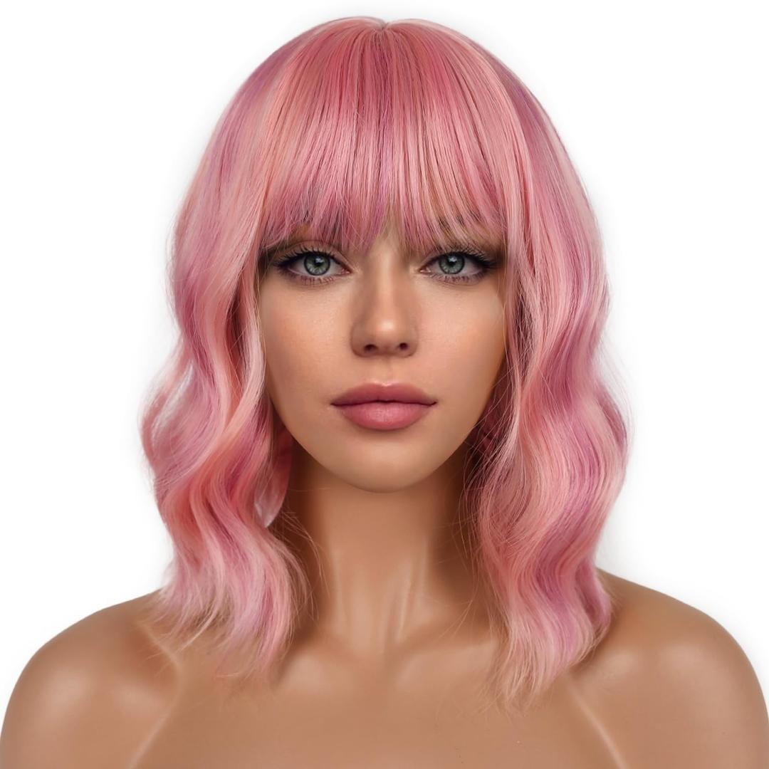 Short Bob Wigs with Bangs for Women Loose Wavy Wig Curly Wavy Shoulder Length Bob Synthetic Cosplay Wig for Girl Colorful Costume Wigs (Lovely Pink) (Lovely Pink)