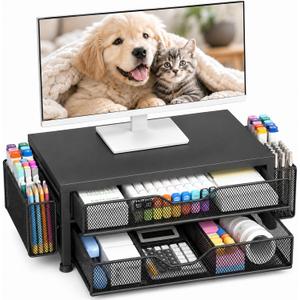 Desk Organizer and Accessories, 2-Tier Computer Monitor Stand Riser with 2 Drawer and 2 Pen Holders, Laptop Stand, Office Desk Accessories for Office Supplies, Black Metal
