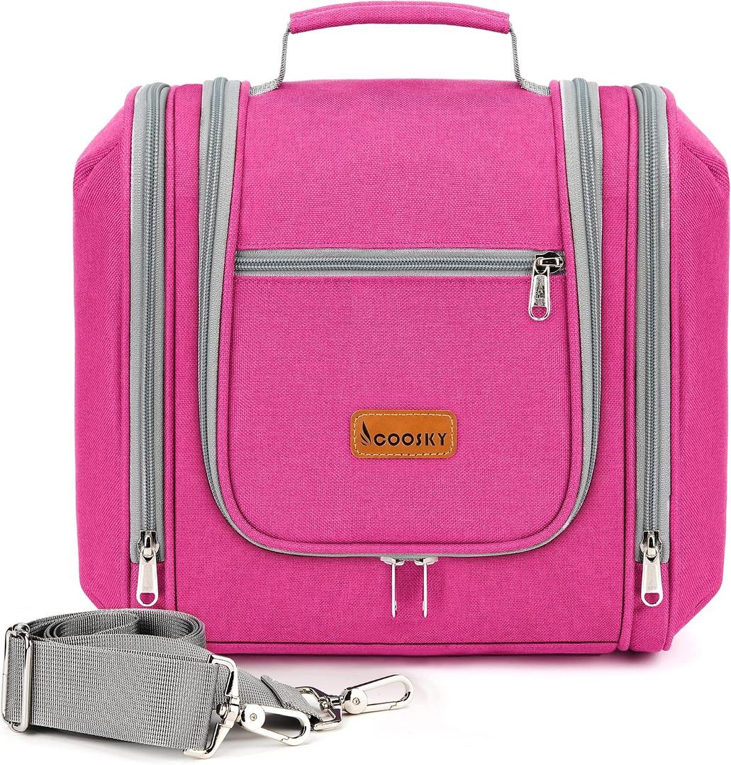 COOSKY Hanging Travel Toiletry Bag for Women and Men, 6 Organizer Compartments, Extra Large Toiletries Bag, Bathroom Cosmetic Bag, Water-resistant Makeup Bag, Holds Full-Size Shampoo, Rose Red