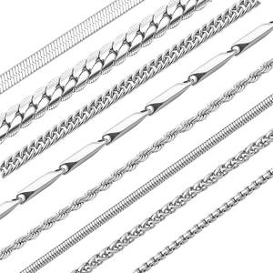 stino 7/8PCs Stainless Steel Chain Necklace Set for Men Women, Silver Tone Necklace Chains Bulk, Figaro Chain, Snake Chain, Cuban Link Chain, Rope Chain.