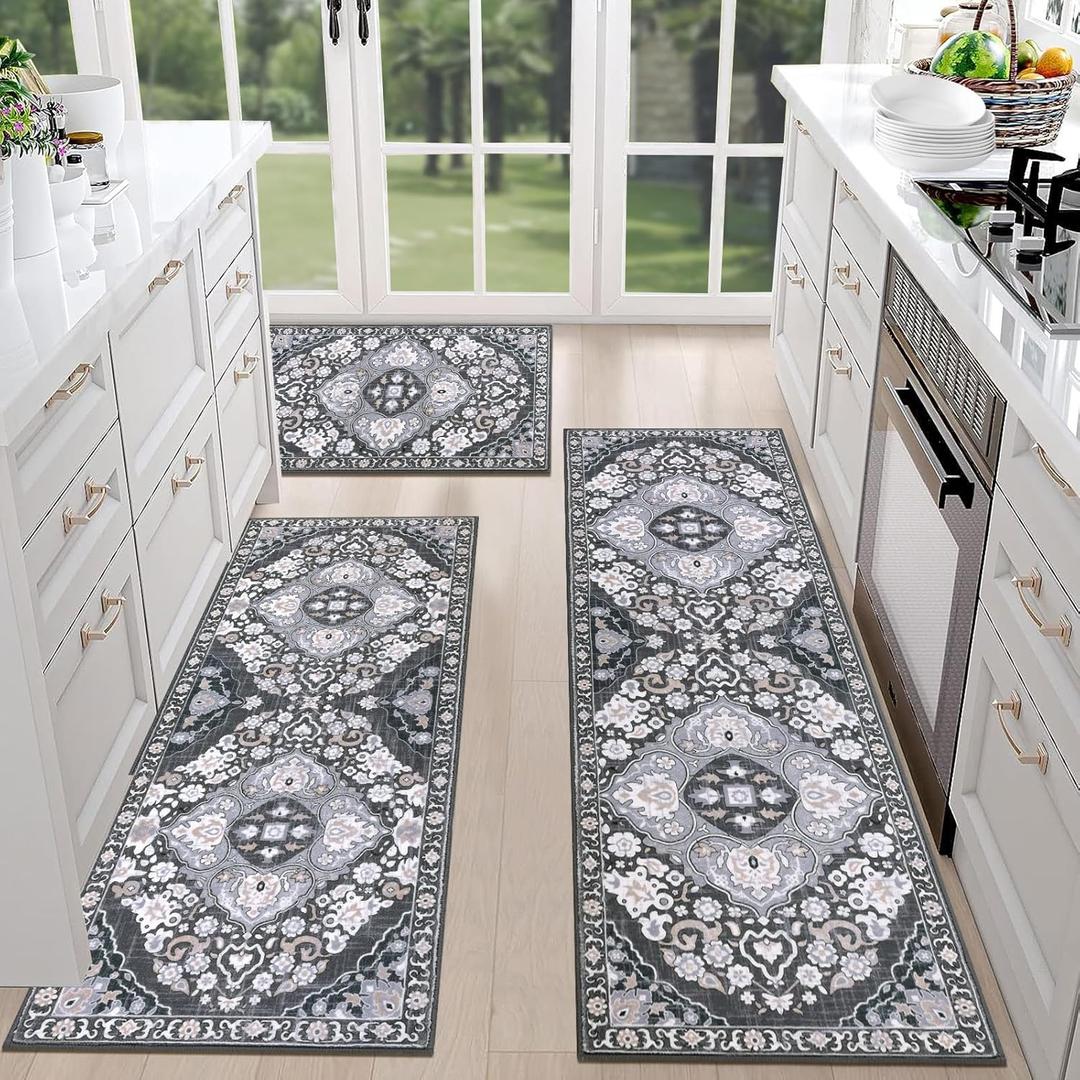 HEBE Farmhouse Kitchen Rugs Sets of 3 Non Slip Washable Boho Kitchen Rugs and Mats for Floor Kitchen Runner Rug Floor Carpet for Kitchen, Laundry, Hallways (20"x32"+20"x48"+20"x59", Grey)