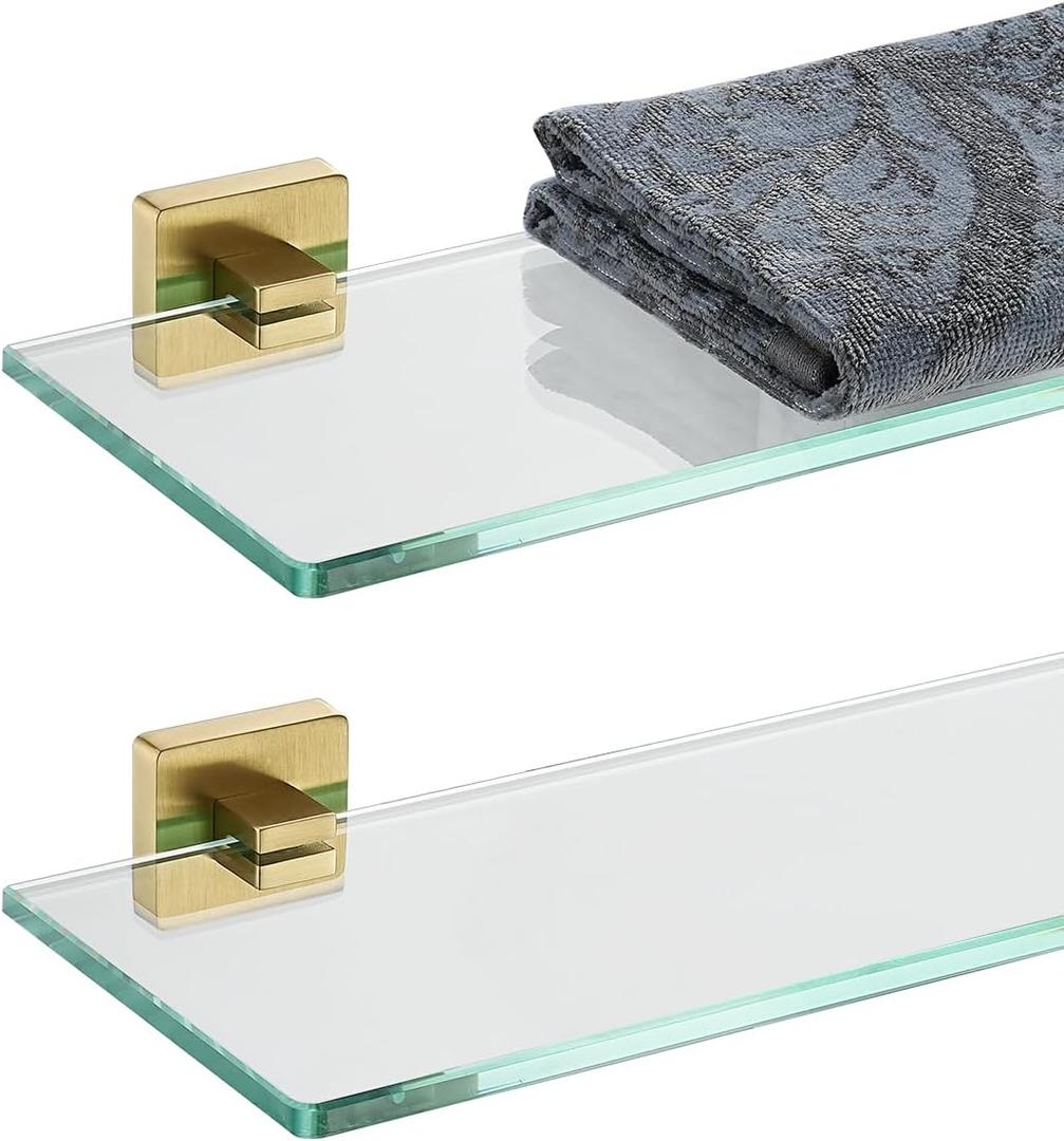 JQK Bathroom Glass Shelf, Floating Tempered Glass Shower Storage 12 by 5 inches, 304 Stainless Steel Brushed Gold Wall Mount 2 Pack, TGS201L12-BG-P2
