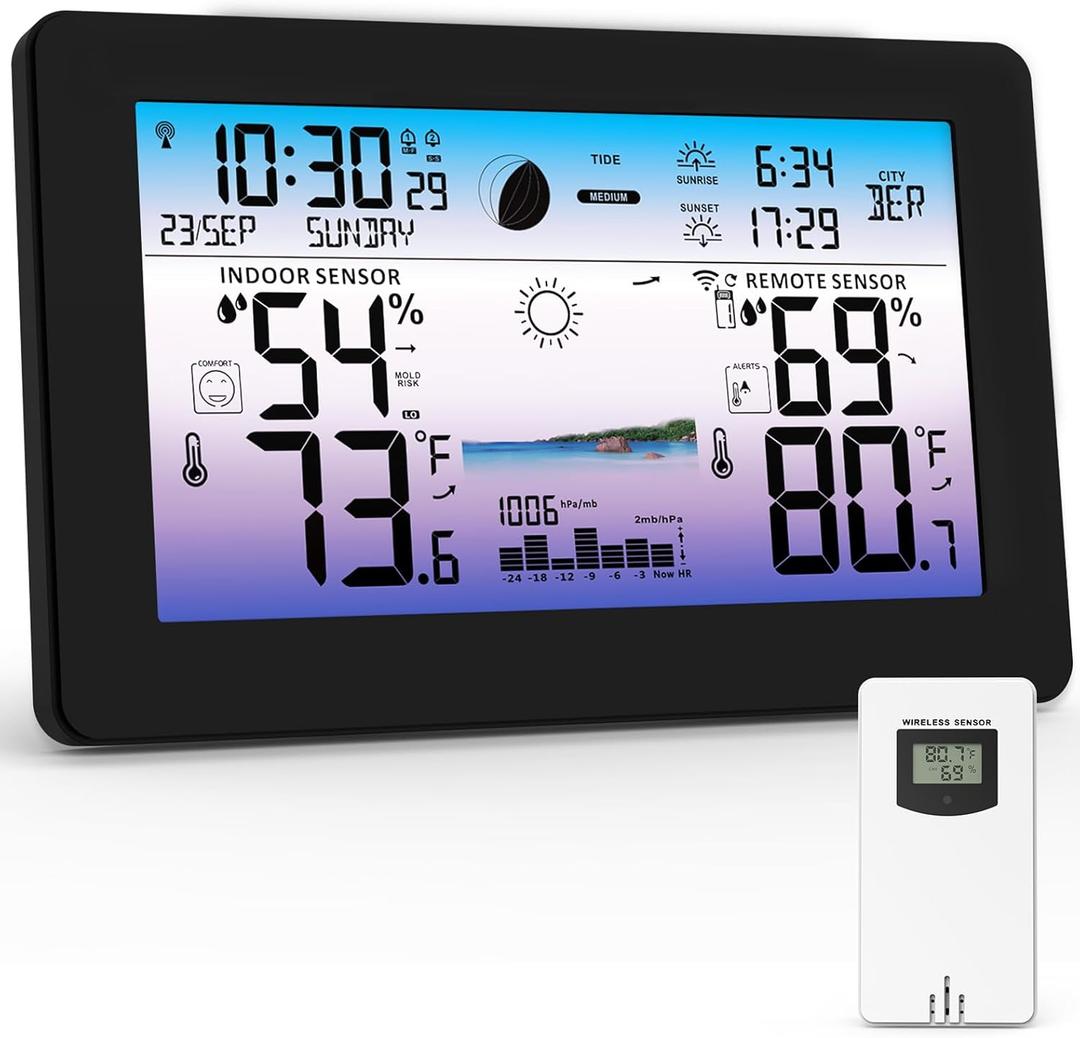 Weather Station Wireless Indoor Outdoor, Digital Thermometer with Accurate Temperature & Humidity, Large Color HD Display with Remote Sensor, Weather Forecast, Atomic Clock, Moon Phase