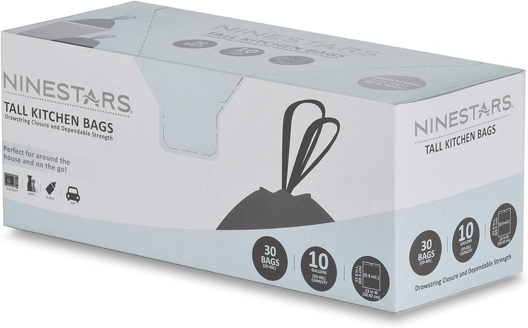 NINESTARS NSTB-10-30 Extra Strong White Trash Bag w/Drawstring Closure, 10 Gal. / 40 L., 30 count