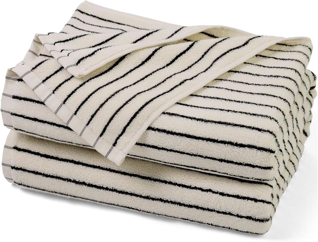 Jacquotha Black and Ivory Striped Bath Towels Set of 2, Lighter & Quick Dry Towels Large 27.5 x 55 inches, Farmhouse for Bathroom, Pool, Shower