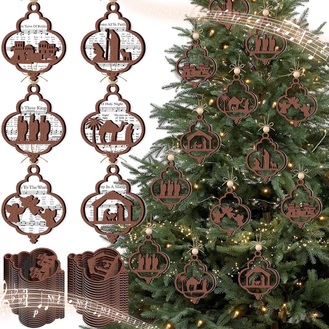 24 Pack 2025 Christmas Nativity Scene Wooden Ornaments Gift Bulk Christian Music Sheet Nativity Scene Hanging Xmas Tree Ornaments Religious Jesus Gift for Family Catholic Holiday Decor(Bulb Style)