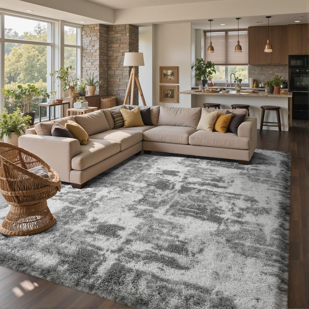 8x10 Ft Extra Large Shag Rugs for Living Room, Tie Dyed Ultra Soft Fluffy Furry Area Rugs for Bedroom Indoor Floor, Aesthetic Carpet for Kids Home Decor (Grey)