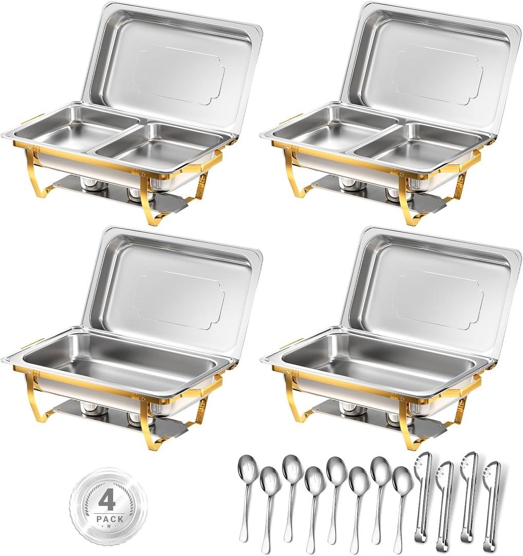 Chafing Dishes for Buffet, 8 Qt High Grade Chafing Dish Buffet Set, Rolled-Edge Design Food Warmers for Parties, Buffet, Wedding, Birthday, Camping 4 Pack 6 Pans [Half Gold]
