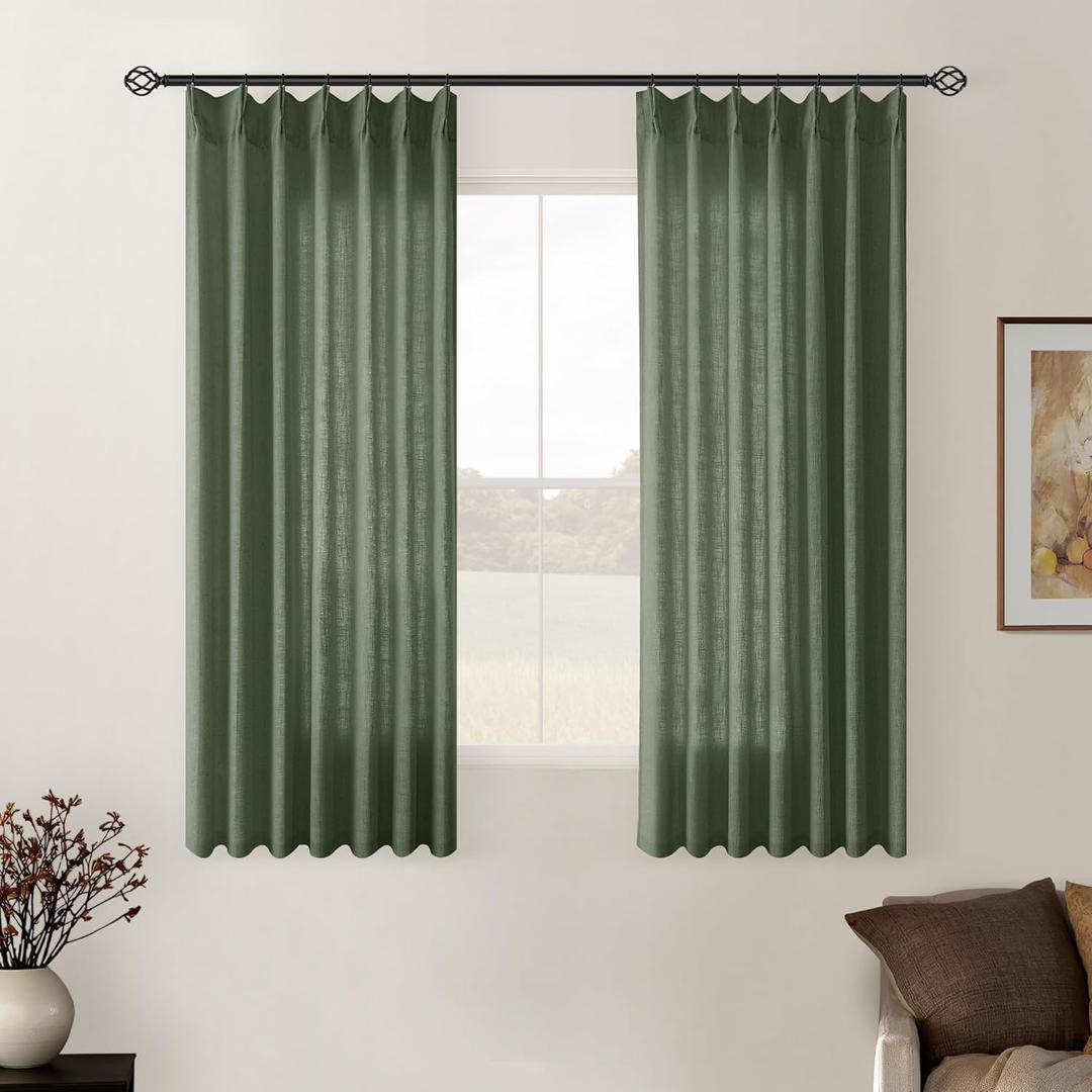 Olive Green Linen Curtains 45 Inch Length 2 Panel Set for Small Windows Rustic Country Linen Cotton Light Filtering Drapes Privacy Pinch Pleated Back Tab Semi Sheer Kitchen Curtains 45 Inches Long