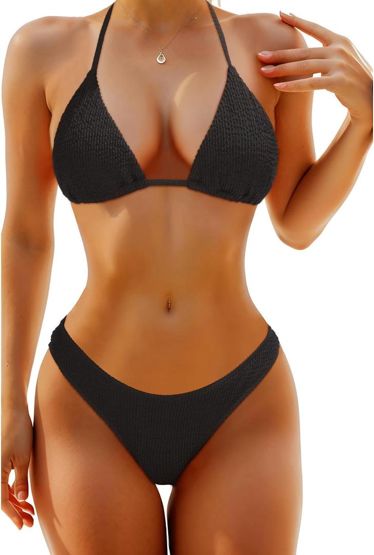 Women Two Piece Bikini Set - Sexy Halter Triangle Bikini Top with High Cut Cheeky Bikini Bottom Swimsuits (Small, Black)