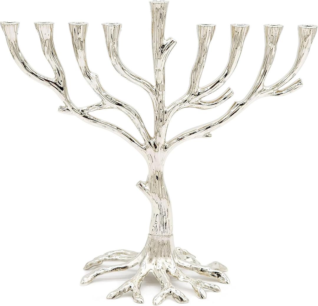 The Dreidel Company Tree of Life Menorah Nickel Finish Full Size 10 Inches for Hanukkah Fits Standard Chanukah Candles - Collectible Artistic Menorah for Judaic Display