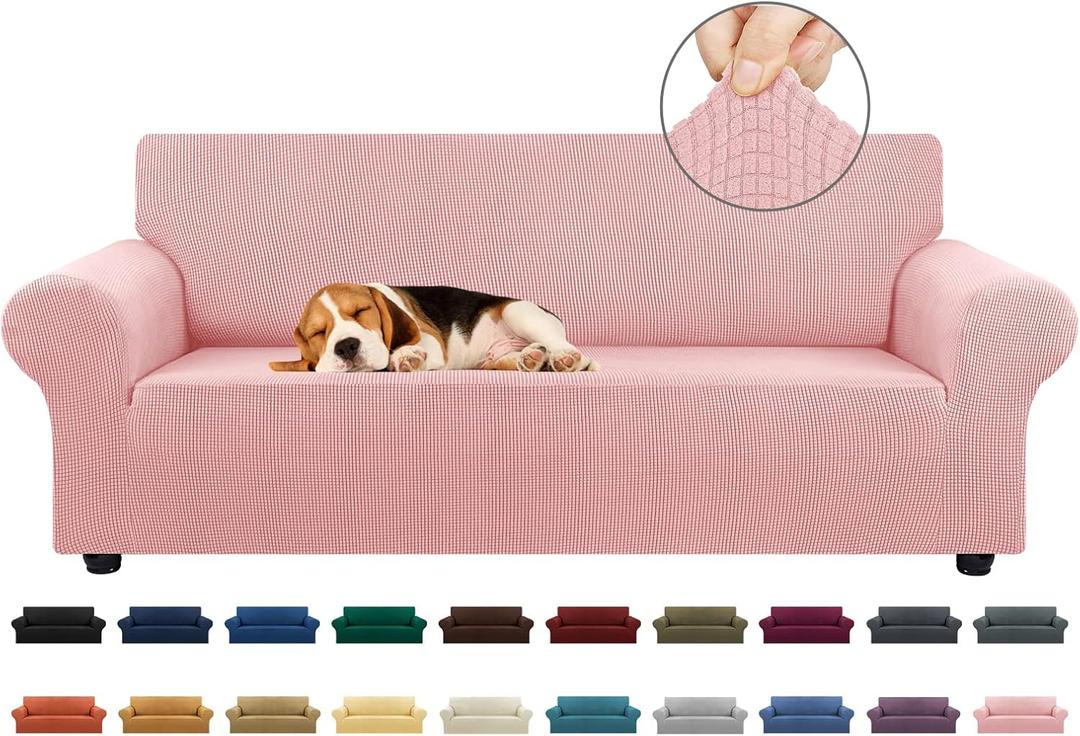 KEKUOU Stretch Sofa Cover Slipcover Couch Covers for 3 Cushion Couch Sofa pet Friendly (78"-94") Furniture Protector Sofa with Elastic Bottom for Kids,Dog, Jacquard Small Checked(Large,Dusty Pink)