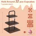 VyGrow Cupcake Stand, 3-Tier Dessert Stand for 32 Cupcakes, Wood & Metal Tower Display Premium Holder Dessert Tree Tower for Christmas Birthday Weddings Party Decor, Serving Tray, Wood Brown