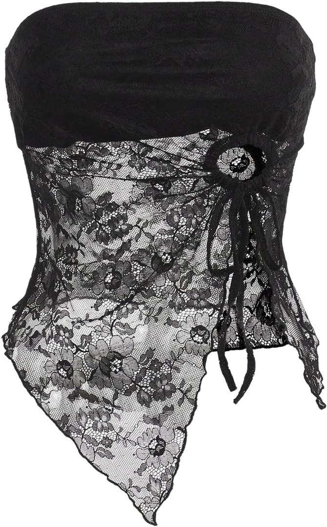 Verdusa Women's Summer Floral Lace Sheer Date Night Tops Bow Tie Slit Going Out Tube Top (Black, S)