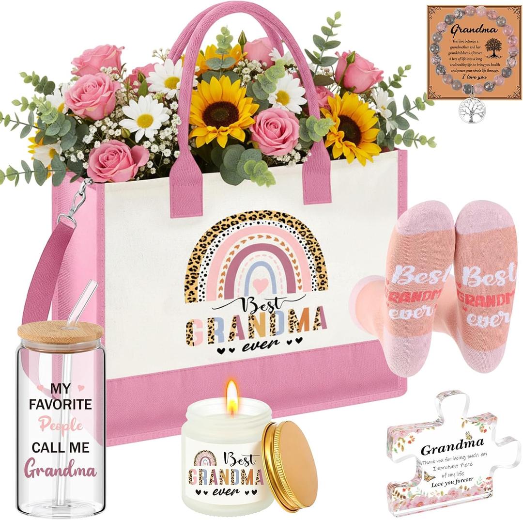 Paterr 6 Pcs Christmas Gifts Set for Grandma Nana Gigi Mimi, Birthday Gift from Grandkids, Tote Bag Present Set (2.67 Ounce (Pack of 6), Pink)