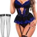 Women Lingerie Set Naughty Lace Bodysuit High Waisted Underwire Lingerie Babydoll With Garter Belt and Stockings (Small, Blue Floral Lace)