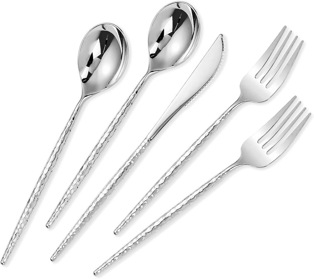 SUT 150PCS Silver Plastic Silverware, Disposable Utensils, Includes 50 Knives, Forks and Spoons, Hammered Silverware Set, Silver Cutlery. Plastic Silverware Heavy Duty for Party/Wedding